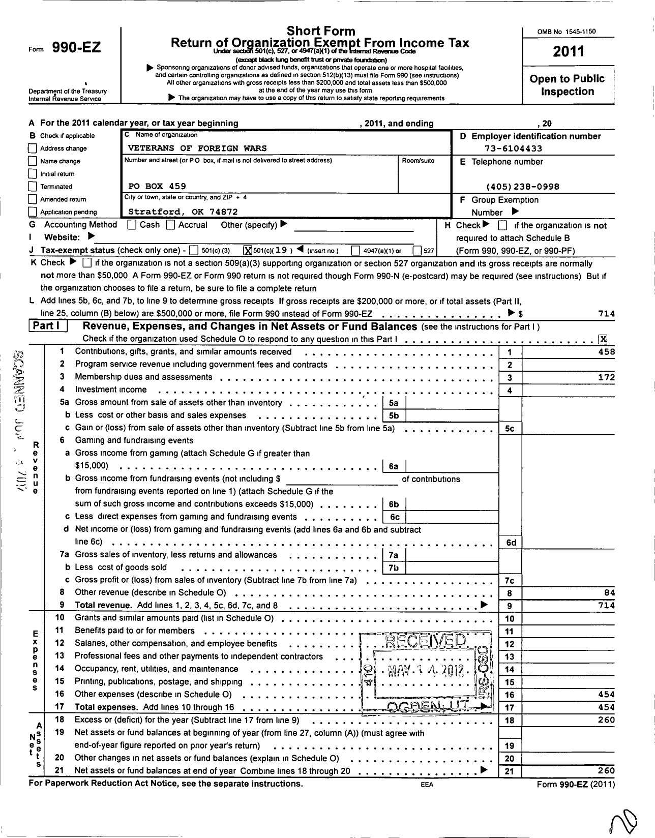 Image of first page of 2011 Form 990EO for Veterans of Foreign Wars of the United States Dept of Oklahoma - 1202