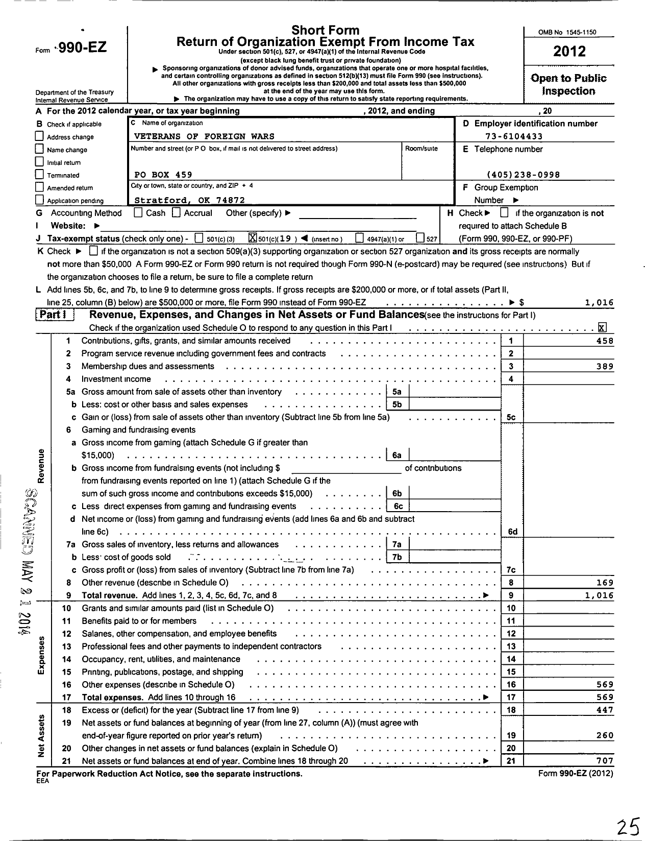 Image of first page of 2012 Form 990EO for Veterans of Foreign Wars of the United States Dept of Oklahoma - 1202