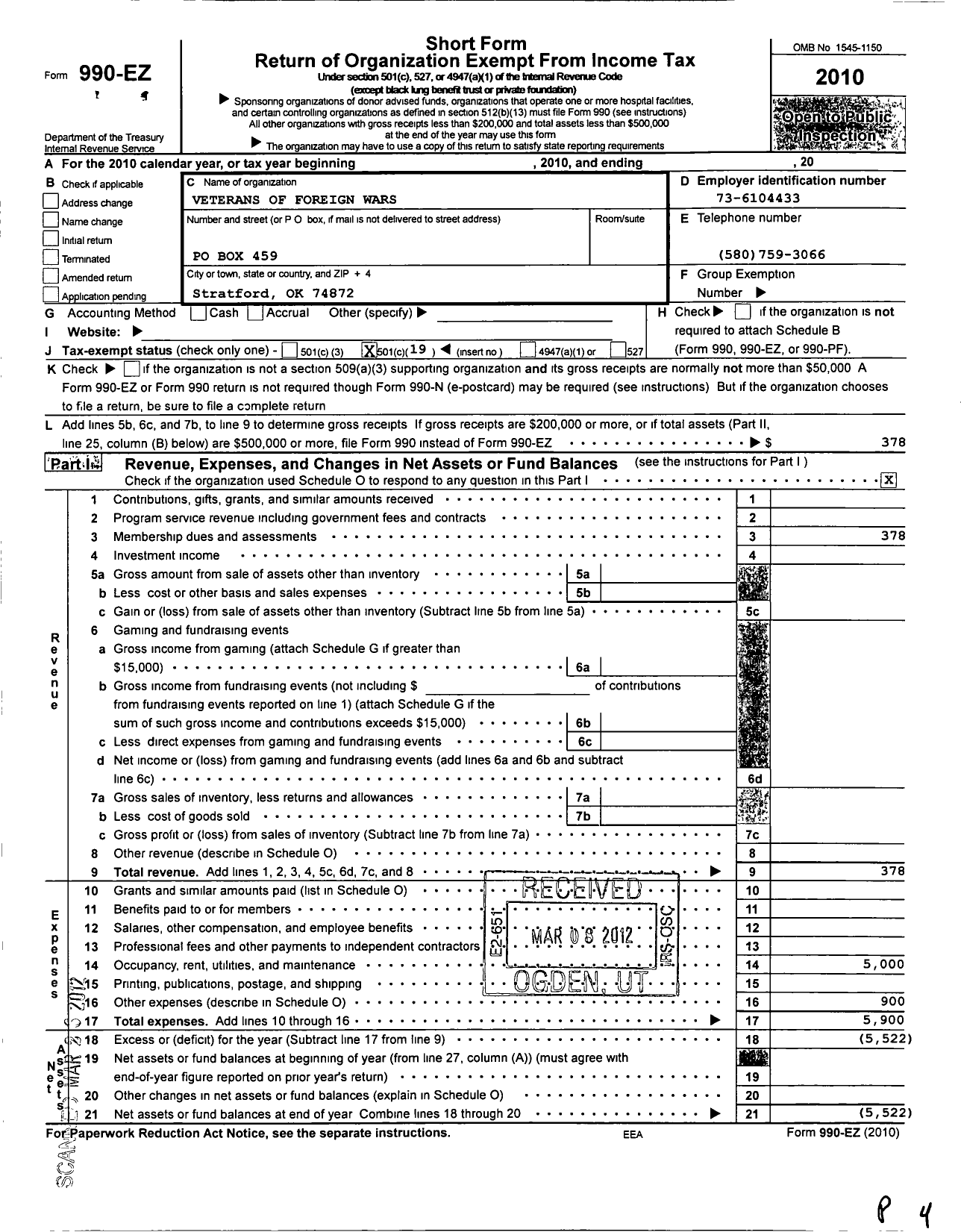 Image of first page of 2010 Form 990EO for Veterans of Foreign Wars of the United States Dept of Oklahoma - 1202