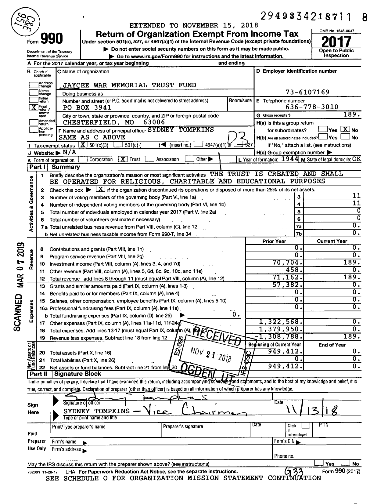 Image of first page of 2017 Form 990 for Jaycee War Memorial Trust Fund