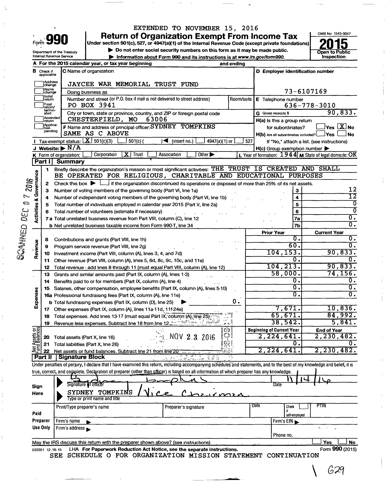 Image of first page of 2015 Form 990 for Jaycee War Memorial Trust Fund