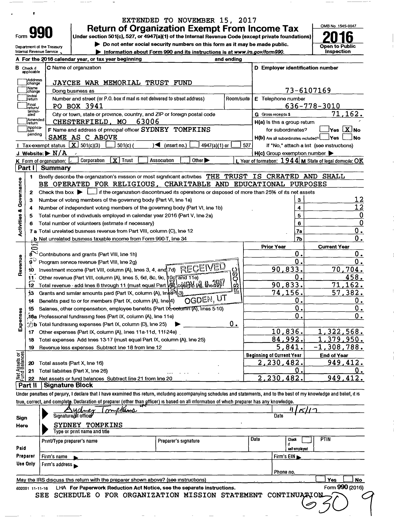 Image of first page of 2016 Form 990 for Jaycee War Memorial Trust Fund