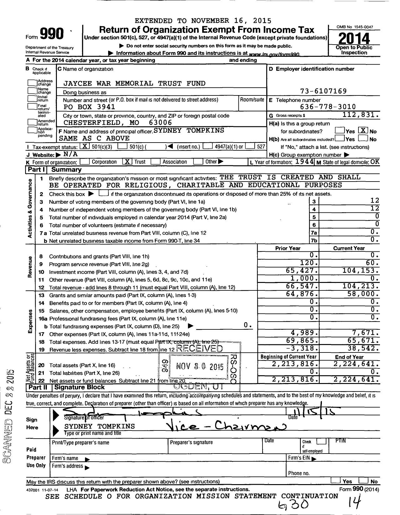 Image of first page of 2014 Form 990 for Jaycee War Memorial Trust Fund