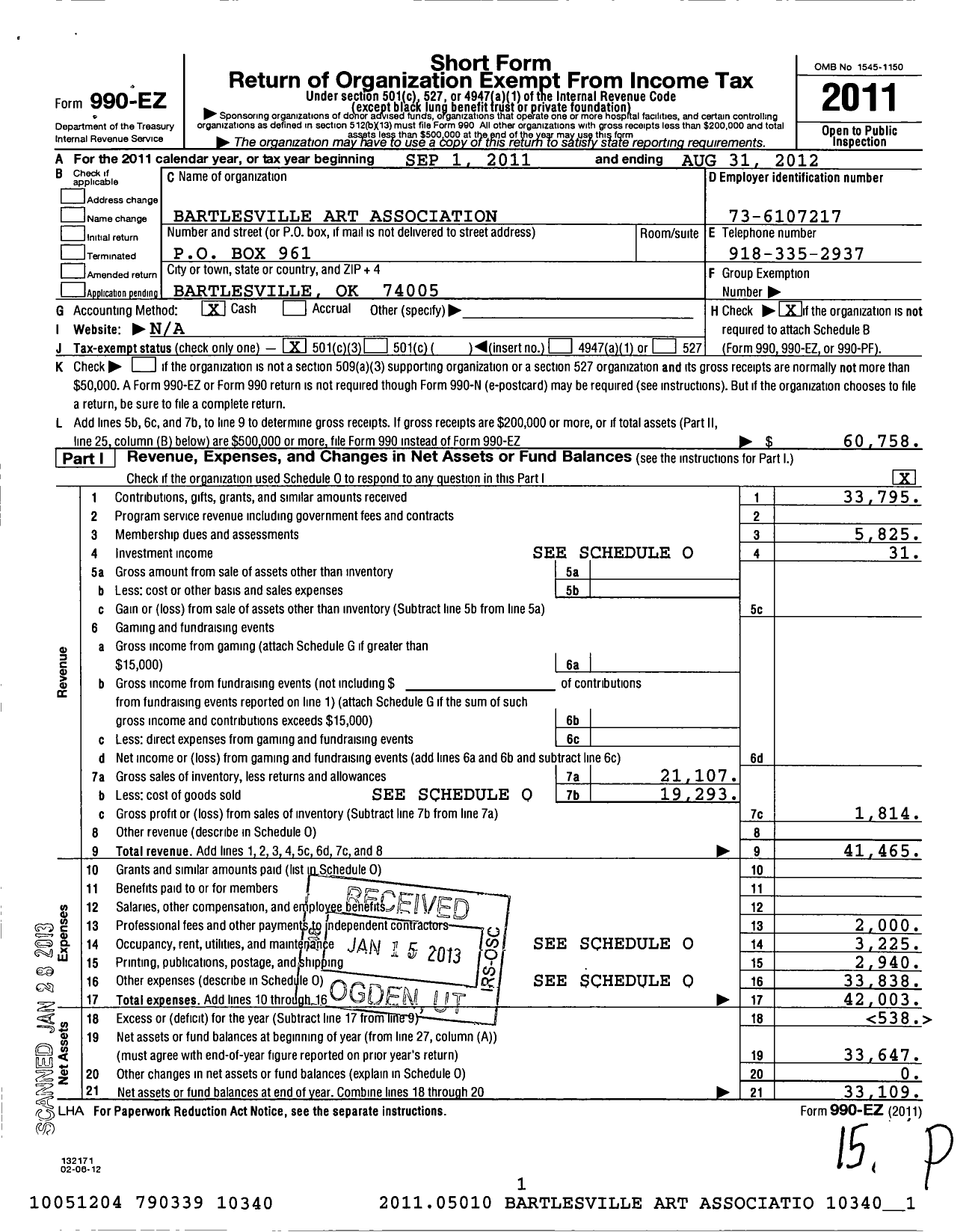 Image of first page of 2011 Form 990EZ for Bartlesville Art Association