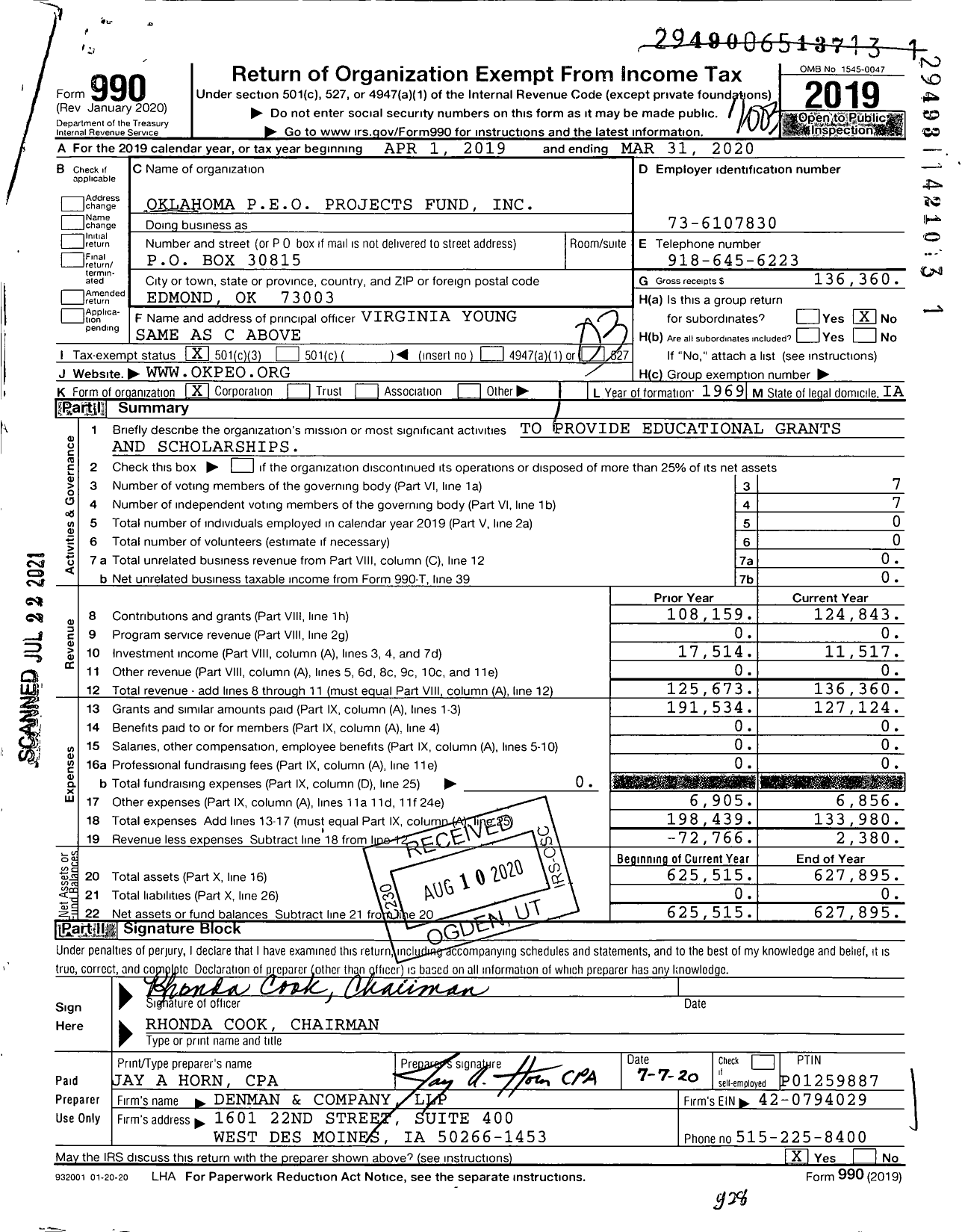 Image of first page of 2019 Form 990 for Oklahoma Peo Projects Fund