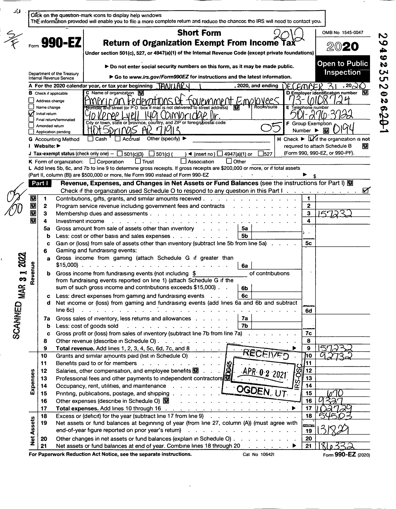 Image of first page of 2020 Form 990EO for American Federation of Government Employees - 2505 Local Afge