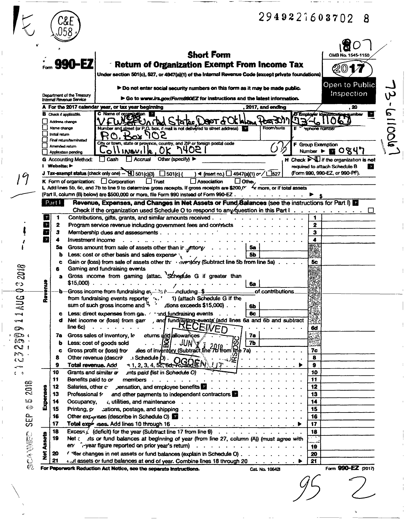 Image of first page of 2017 Form 990EZ for Veterans of Foreign Wars of the United States Dept of Oklahoma - 3077 Joe Keith VFW Post