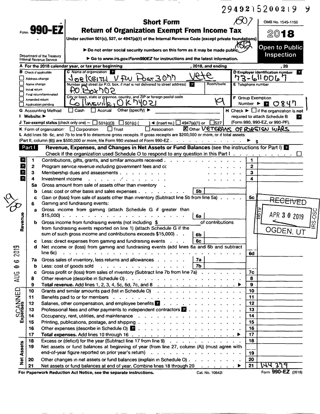 Image of first page of 2018 Form 990EO for Veterans of Foreign Wars of the United States Dept of Oklahoma - 3077 Joe Keith VFW Post