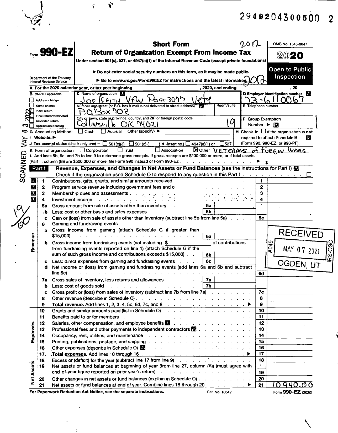 Image of first page of 2020 Form 990EO for Veterans of Foreign Wars of the United States Dept of Oklahoma - 3077 Joe Keith VFW Post