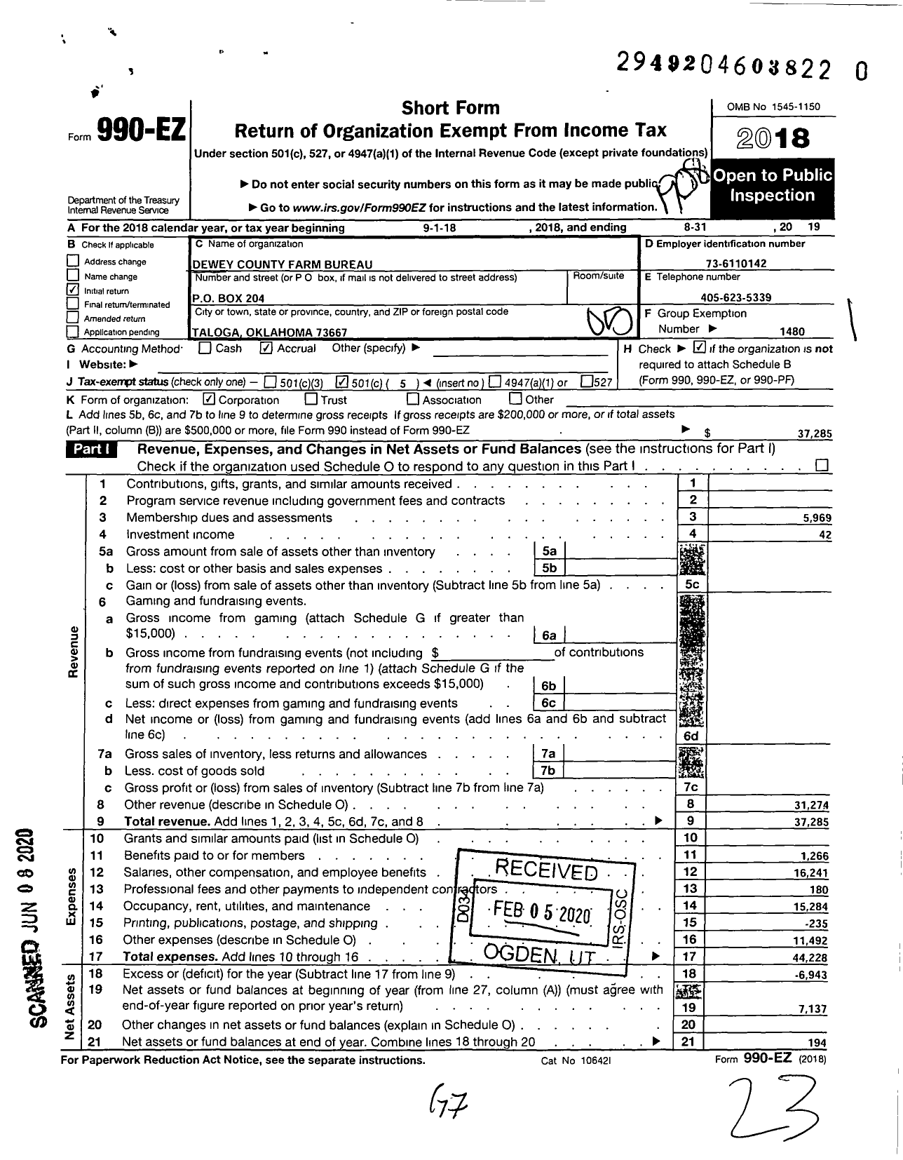 Image of first page of 2018 Form 990EO for Oklahoma Farm Bureau - Dewey County