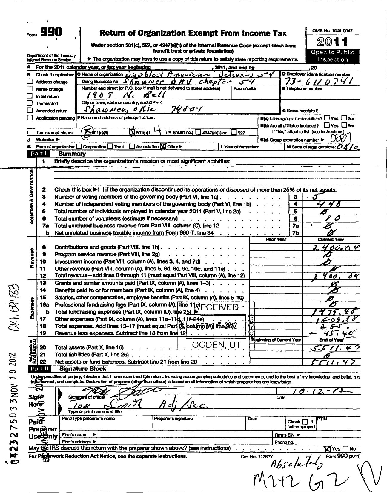Image of first page of 2011 Form 990O for Disabled American Veterans / Shawnee Dav Chapter 54