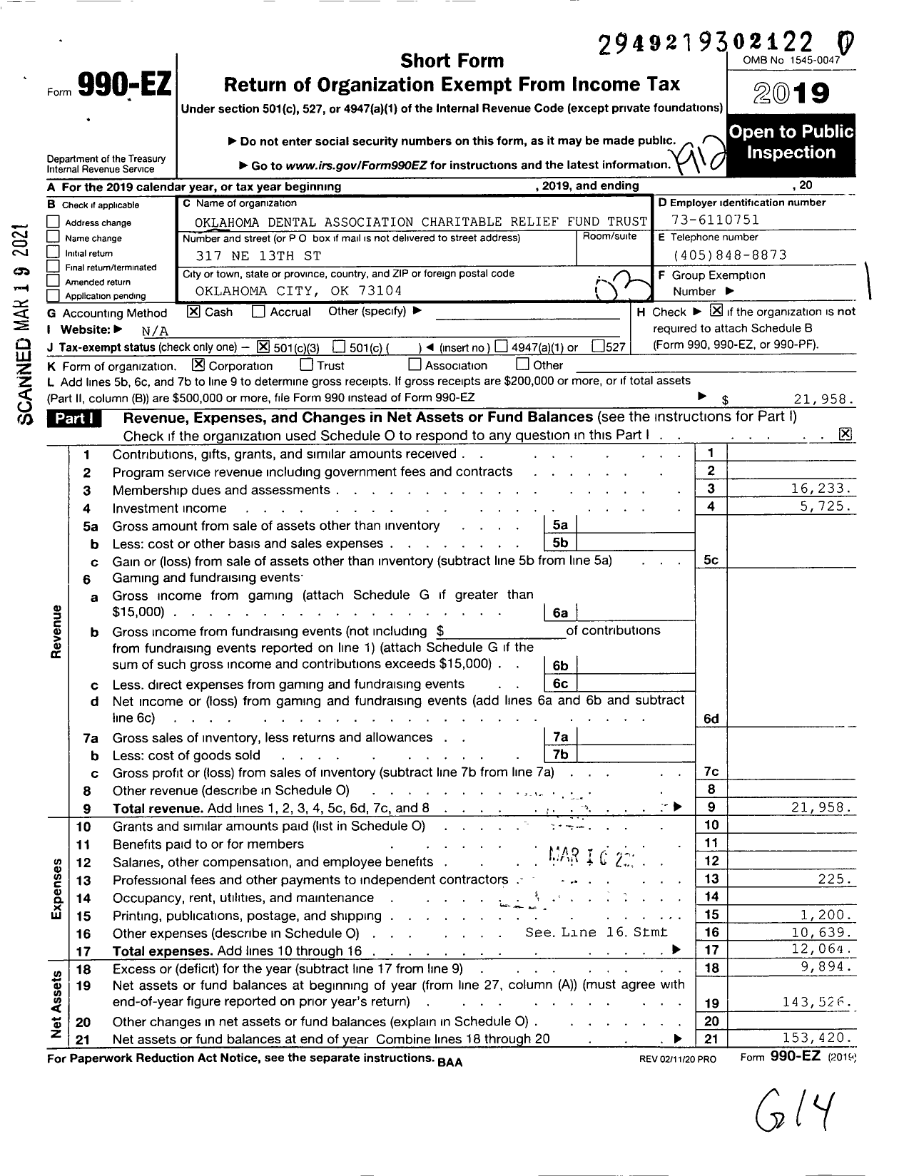 Image of first page of 2019 Form 990EZ for Oklahoma Dental Association Charitable Relief Fund Trust