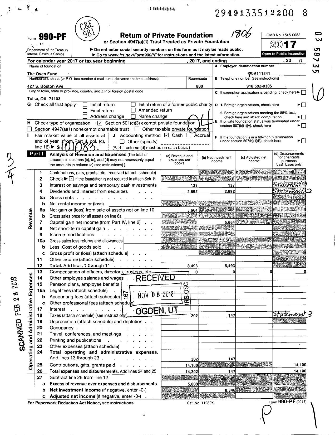 Image of first page of 2017 Form 990PF for The Oven Fund