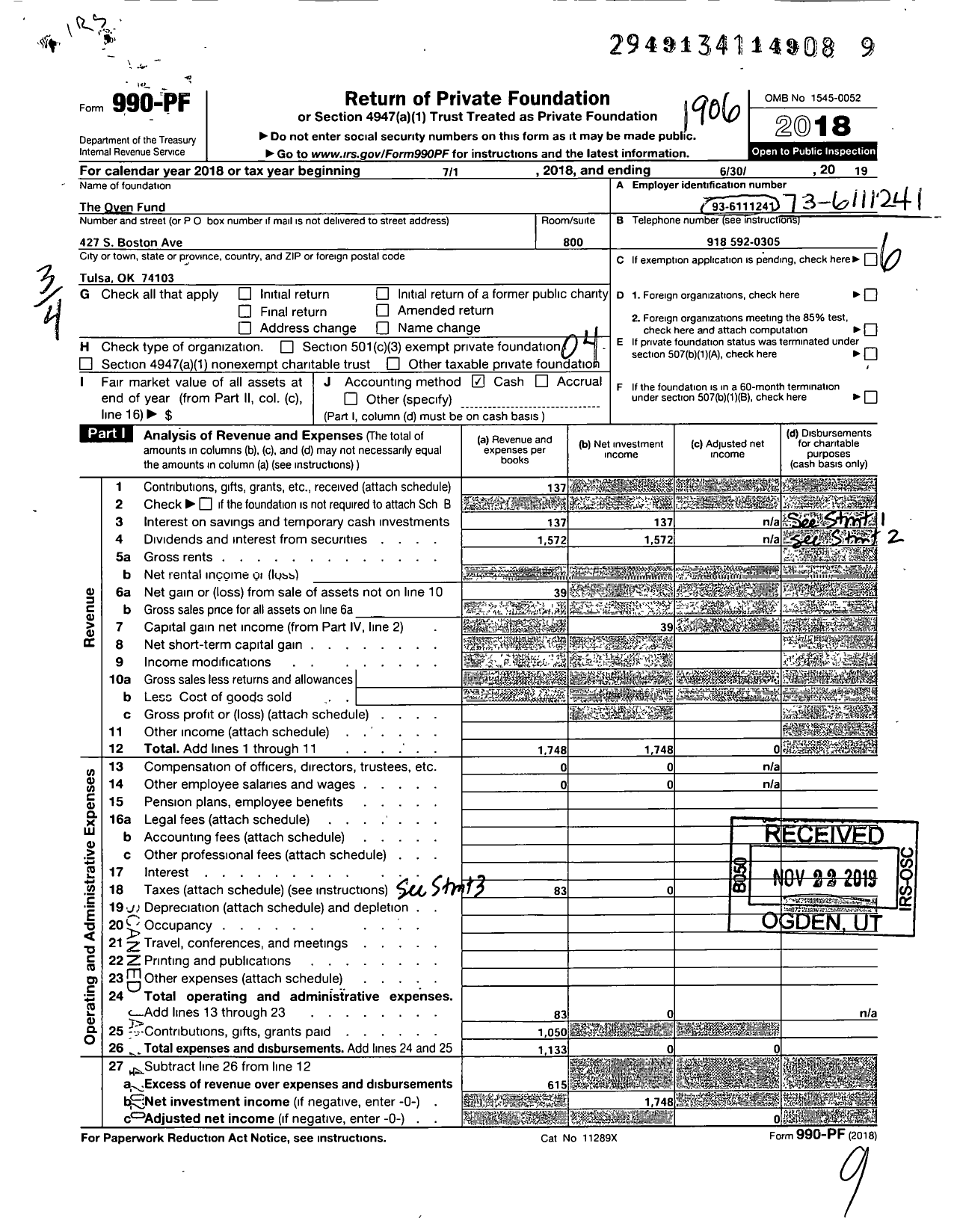 Image of first page of 2018 Form 990PF for The Oven Fund