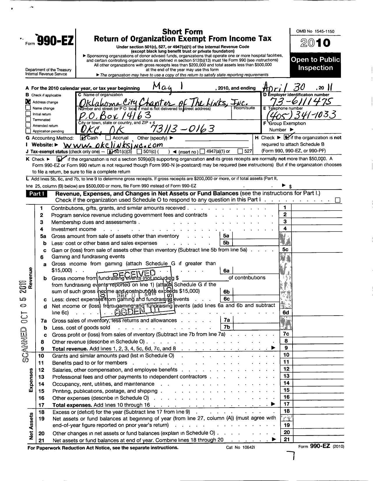 Image of first page of 2010 Form 990EZ for Links / Oklahoma City Chapter