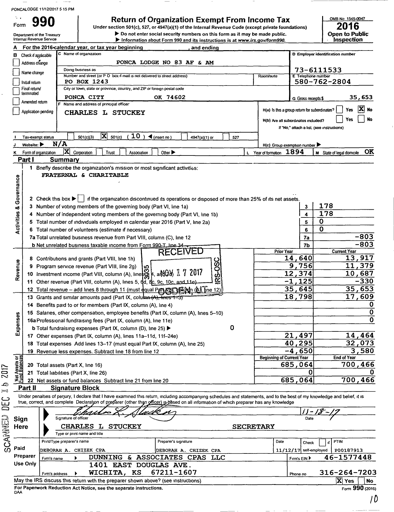 Image of first page of 2016 Form 990O for Ancient Free and Accepted Masons of Oklahoma - 83 Ponca