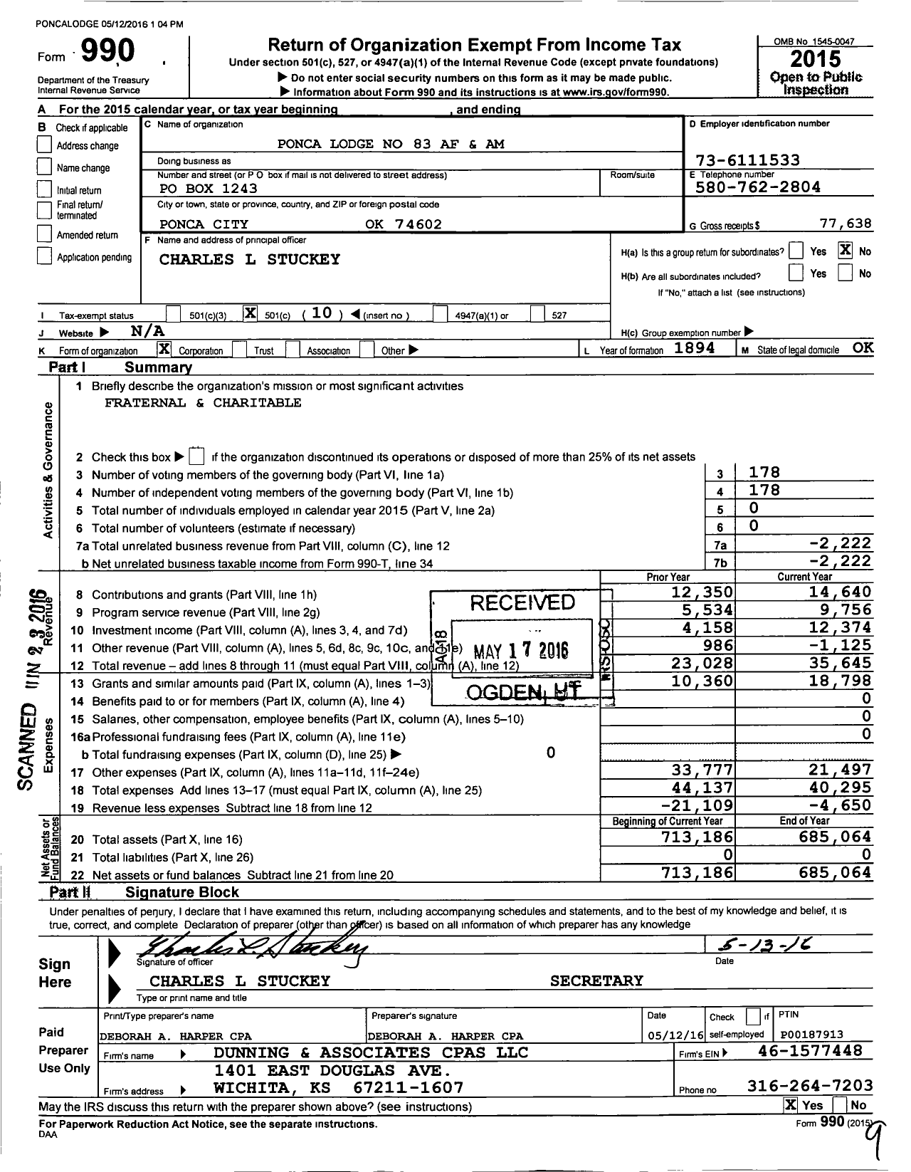 Image of first page of 2015 Form 990O for Ancient Free and Accepted Masons of Oklahoma - 83 Ponca