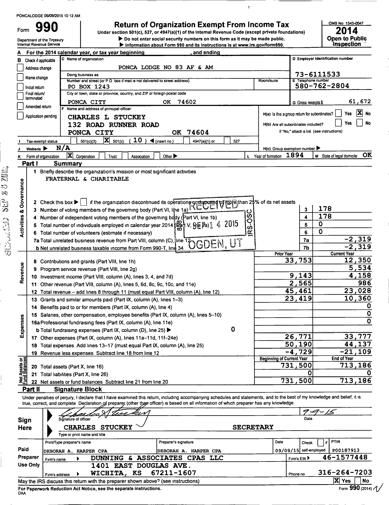 Image of first page of 2014 Form 990O for Ancient Free and Accepted Masons of Oklahoma - 83 Ponca