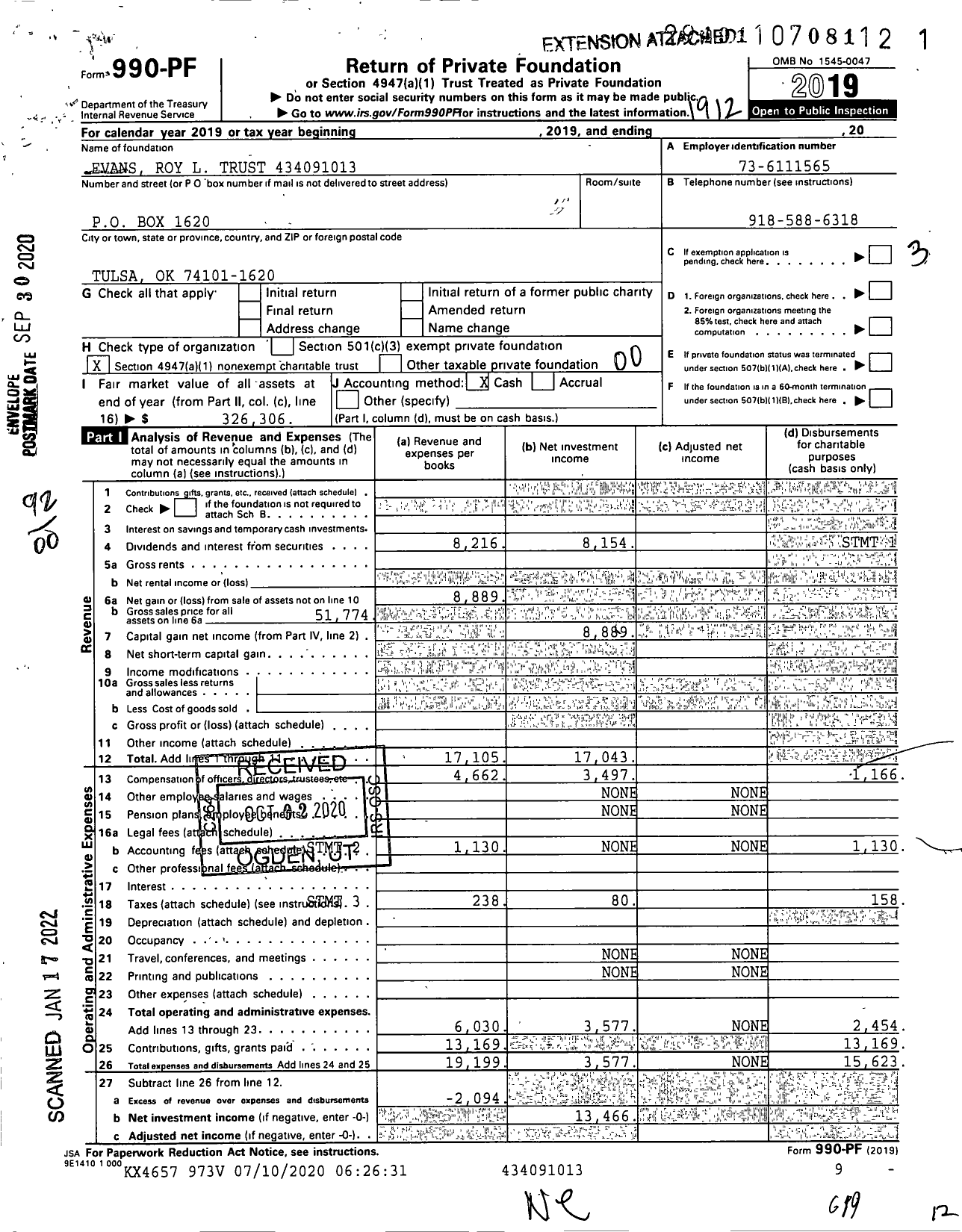 Image of first page of 2019 Form 990PF for Evans Roy L Trust XXX-XX-XXXX