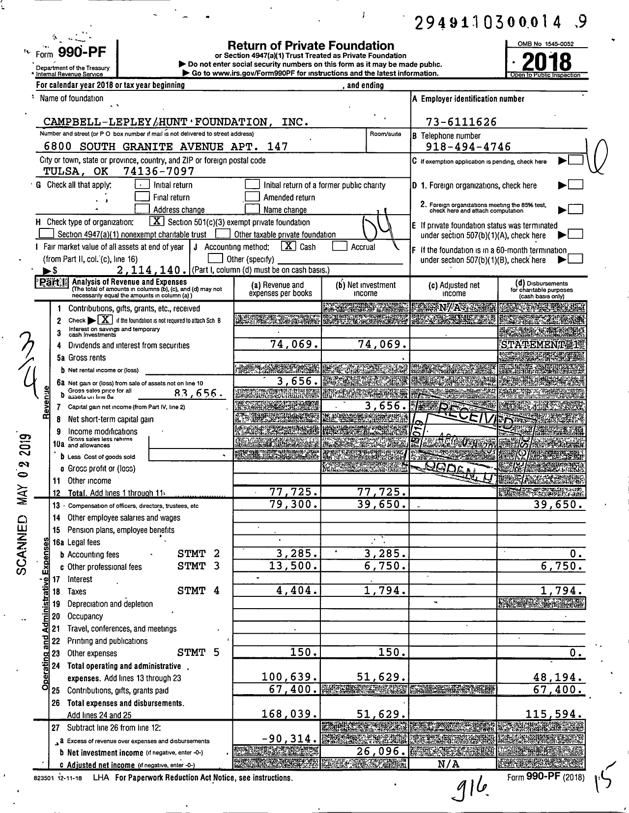 Image of first page of 2018 Form 990PF for Campbell-Lepleyhunt Foundation