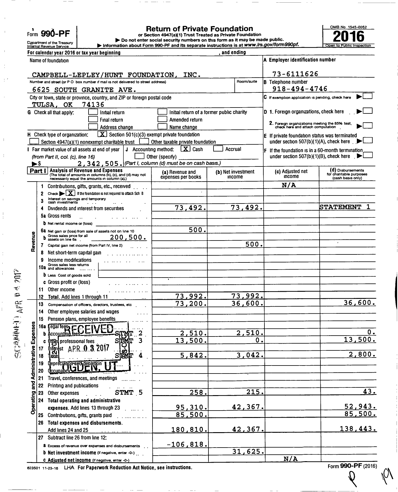 Image of first page of 2016 Form 990PF for Campbell-Lepleyhunt Foundation