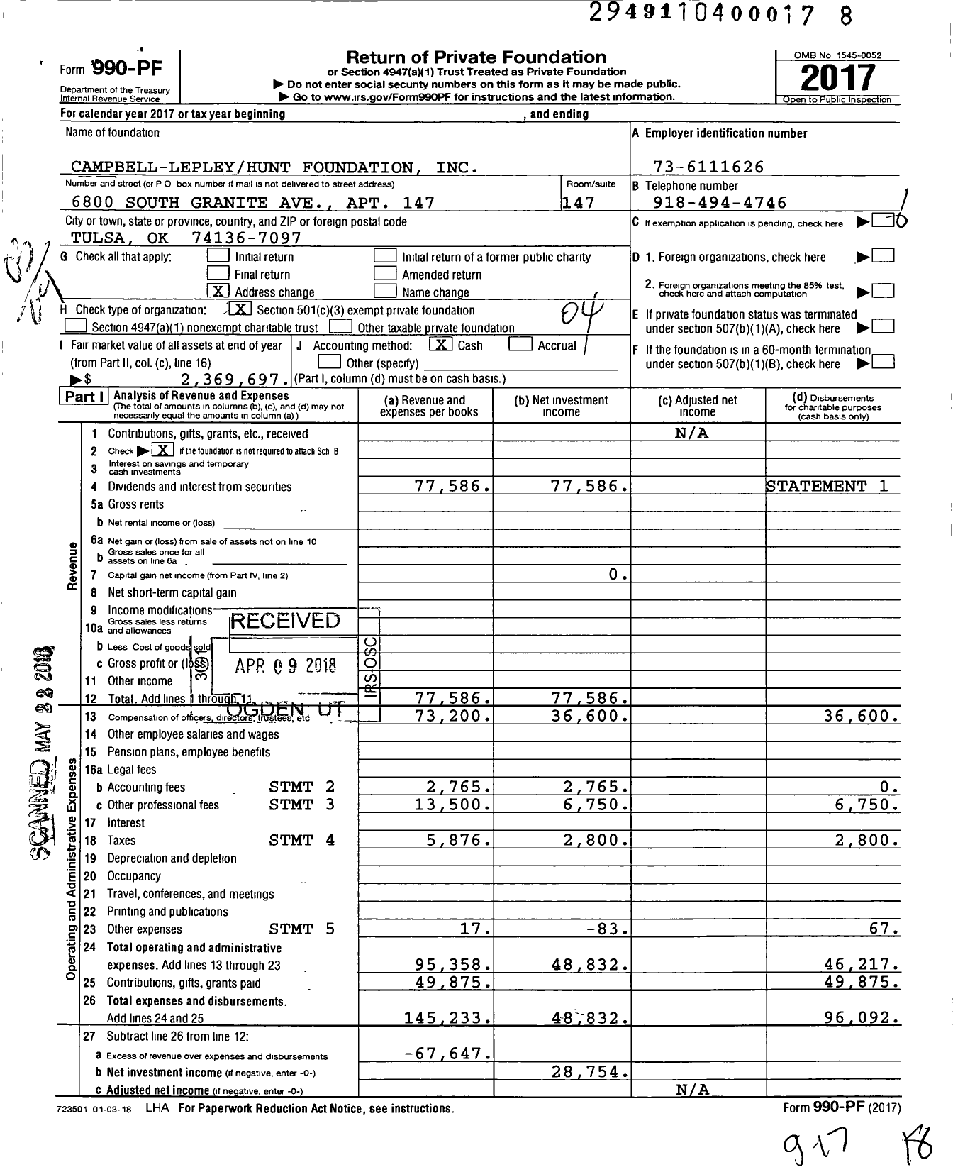 Image of first page of 2017 Form 990PF for Campbell-Lepleyhunt Foundation