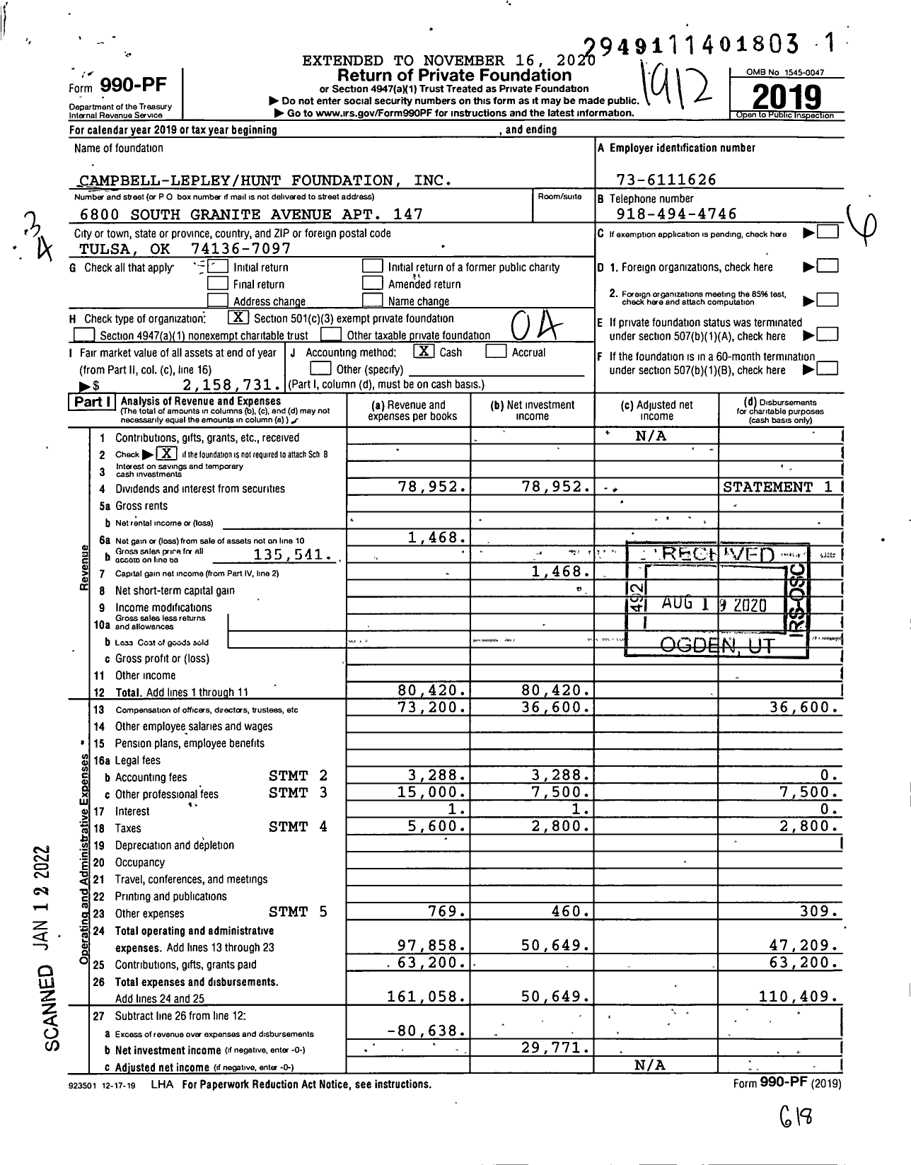 Image of first page of 2019 Form 990PF for Campbell-Lepleyhunt Foundation