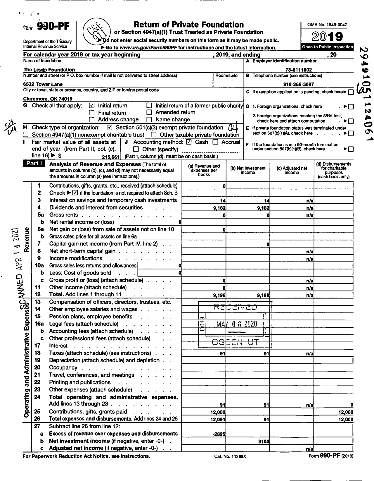 Image of first page of 2019 Form 990PF for Lewis Foundation