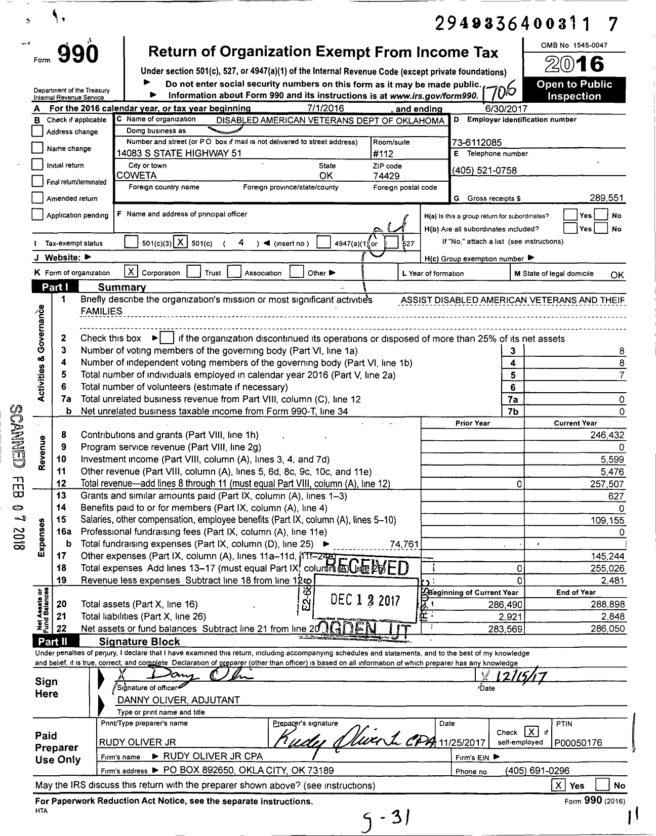 Image of first page of 2016 Form 990O for Disabled American Veterans Dept of Oklahoma