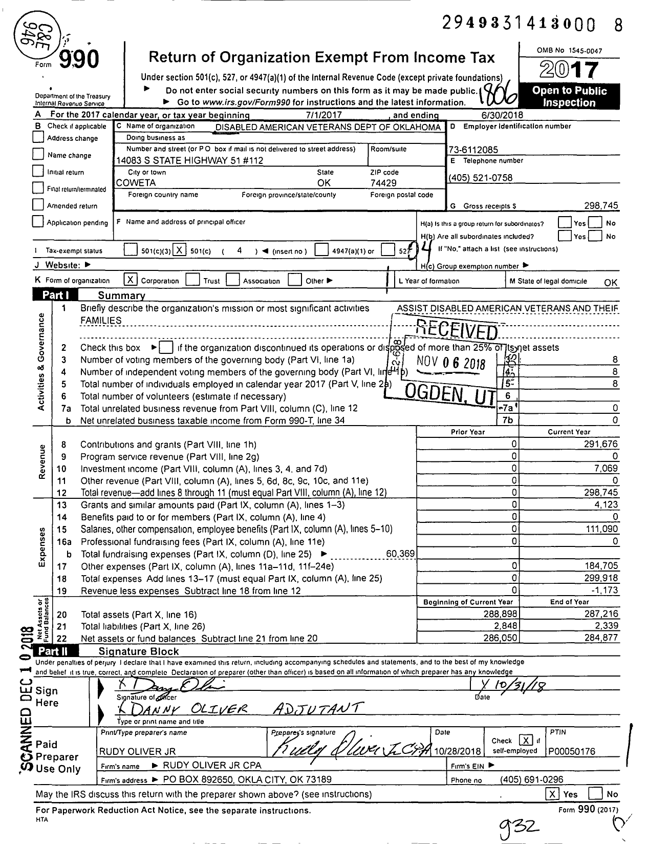 Image of first page of 2017 Form 990O for Disabled American Veterans Dept of Oklahoma