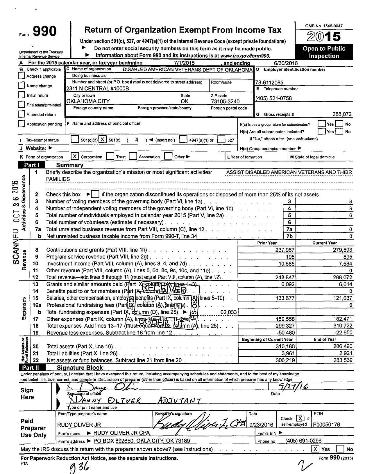 Image of first page of 2015 Form 990O for Disabled American Veterans Dept of Oklahoma