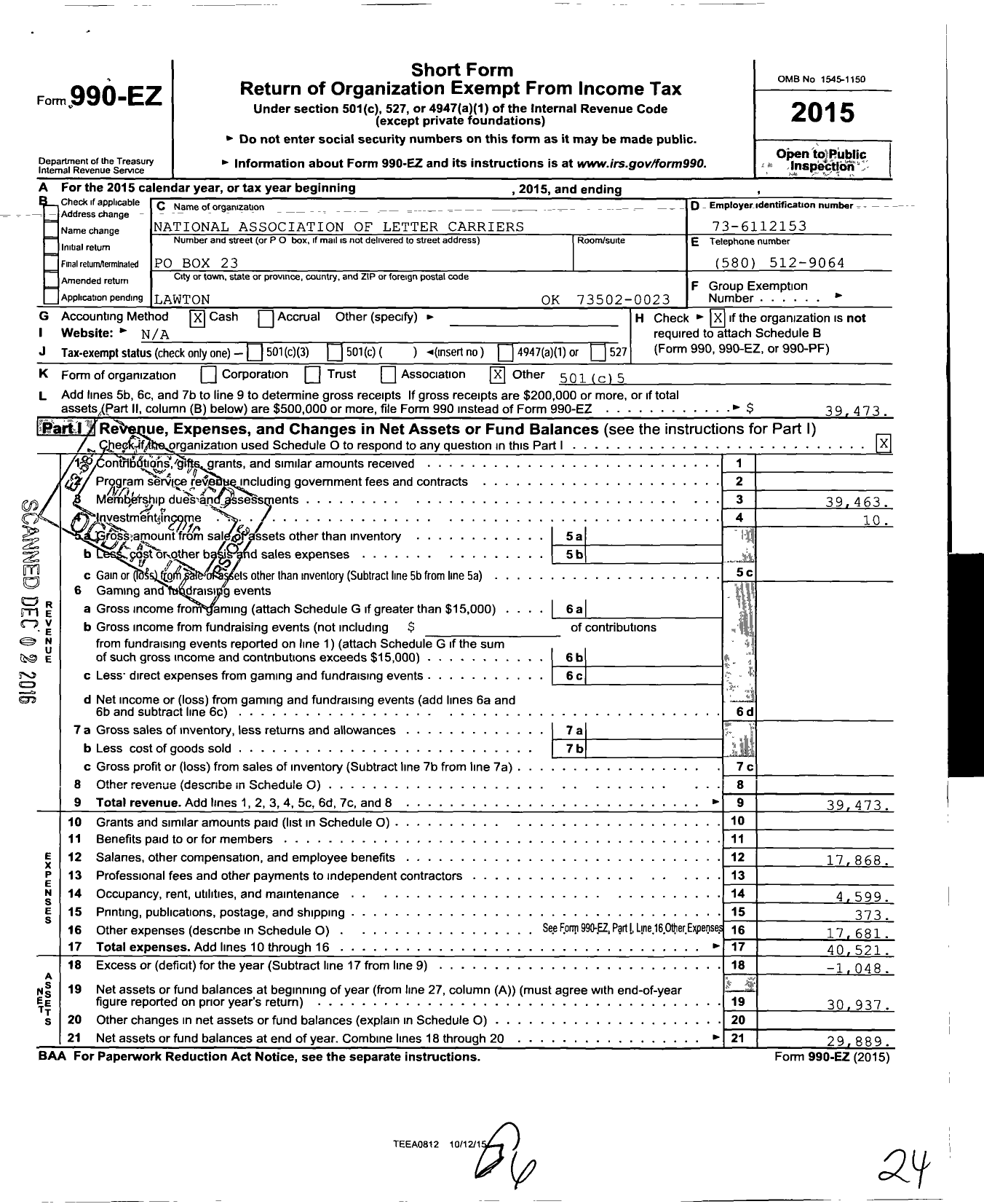 Image of first page of 2015 Form 990EO for National Association of Letter Carriers - 1123 Lawton Merged Branch