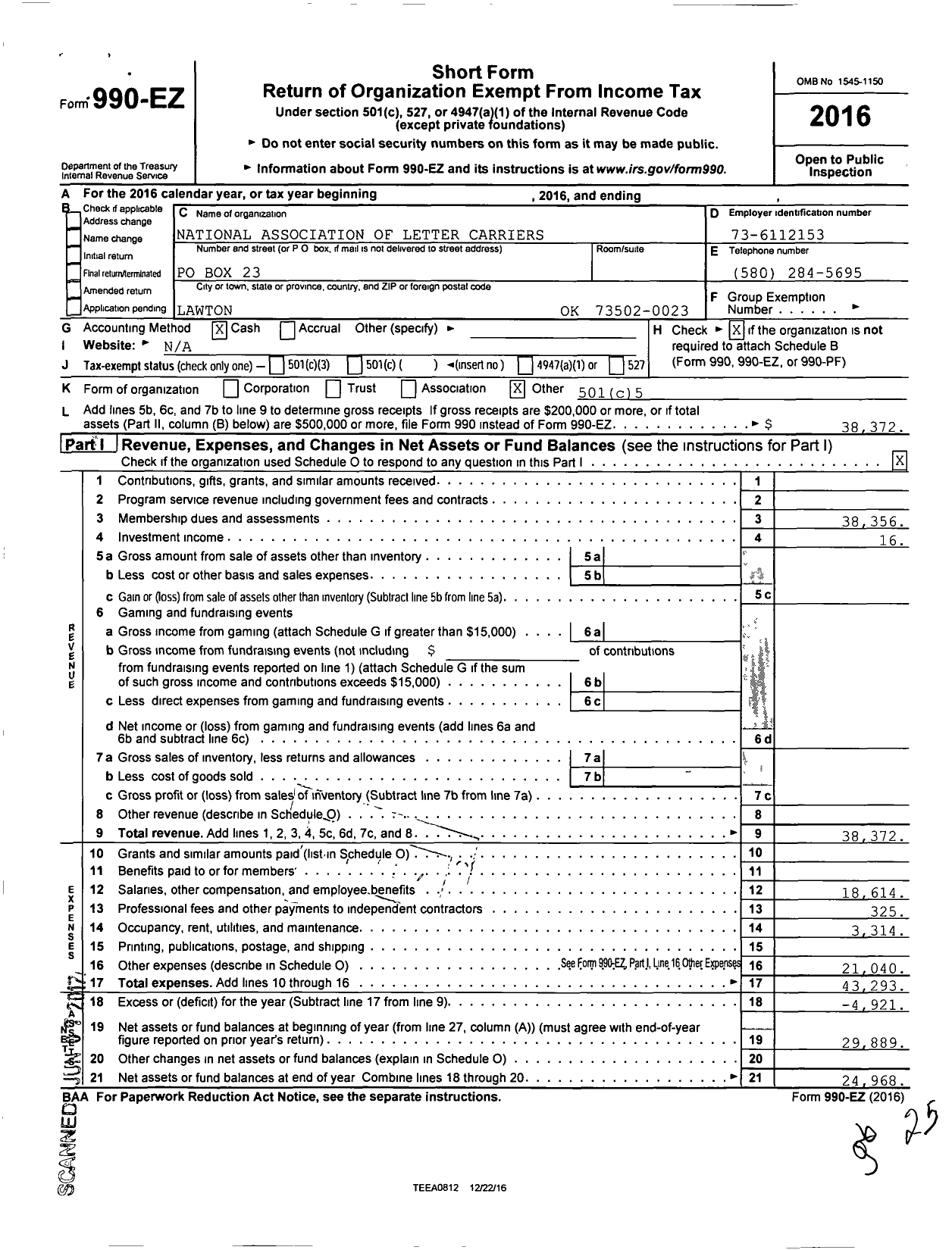 Image of first page of 2016 Form 990EO for National Association of Letter Carriers - 1123 Lawton Merged Branch