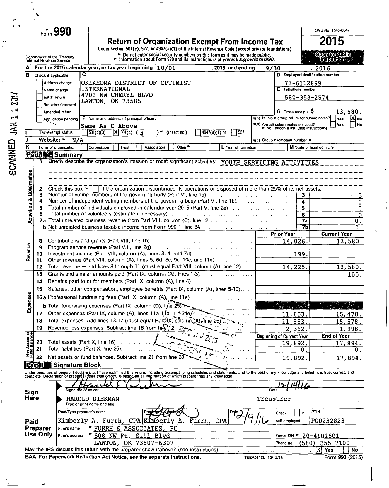 Image of first page of 2015 Form 990O for Optimist International - 07999-oklahoma District