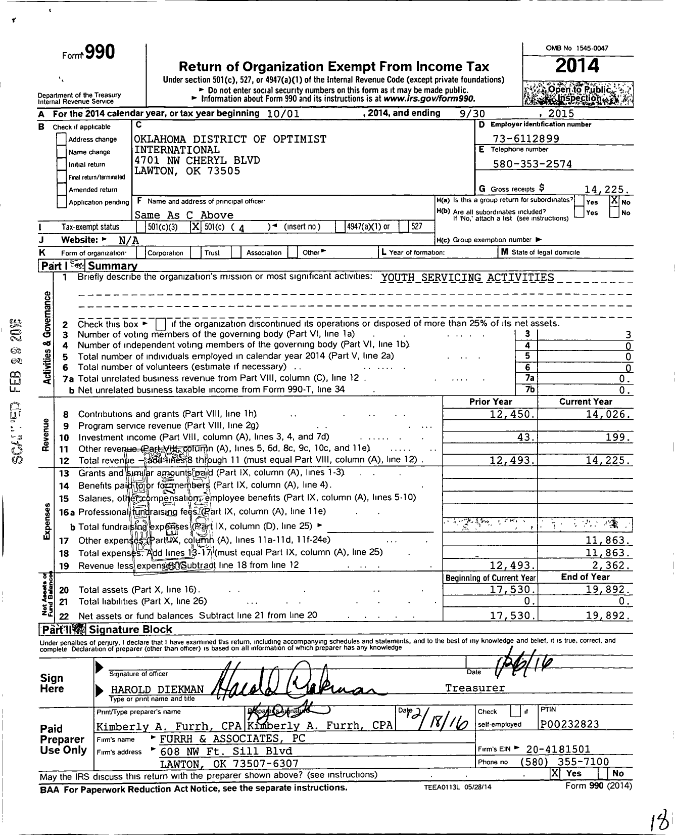 Image of first page of 2014 Form 990O for Optimist International - 07999-oklahoma District