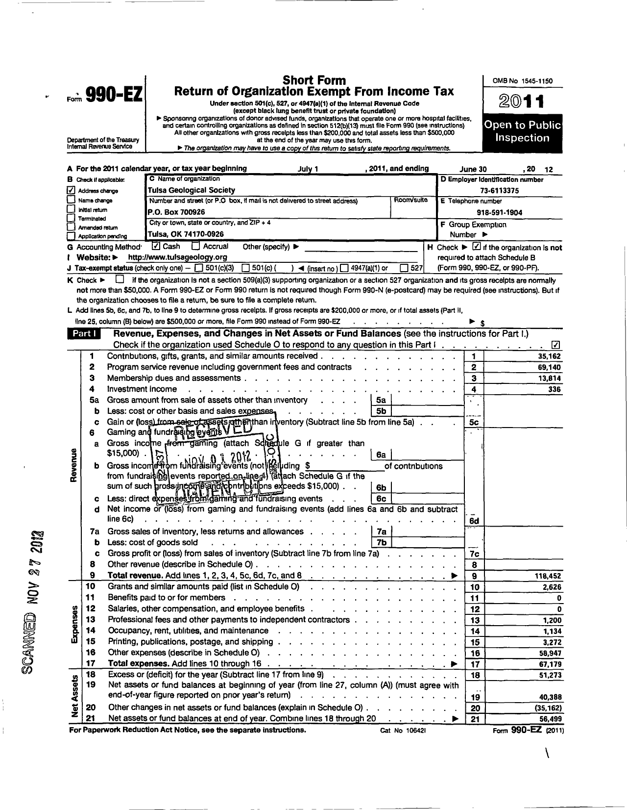 Image of first page of 2011 Form 990EO for Tulsa Geological Society