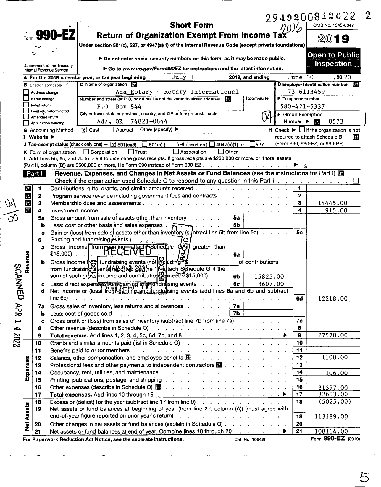 Image of first page of 2019 Form 990EO for Rotary International - Ada Rotary