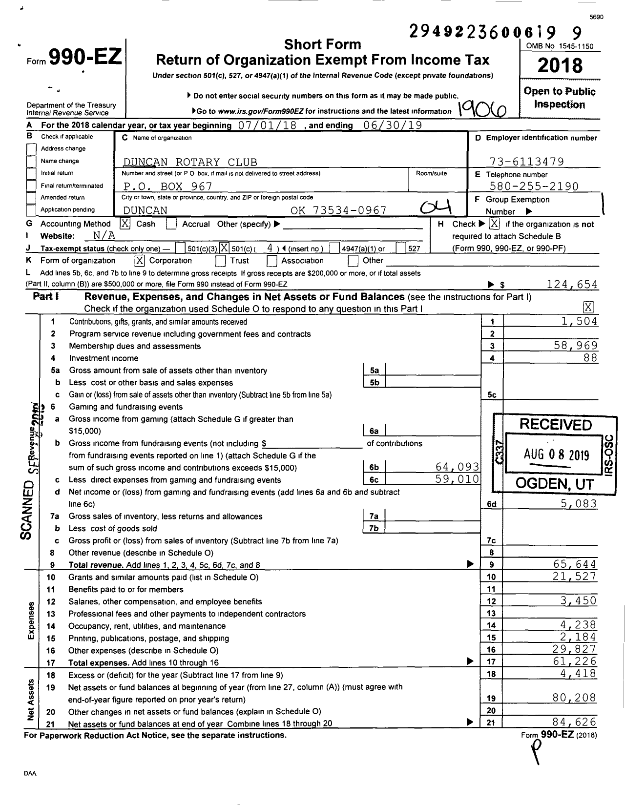 Image of first page of 2018 Form 990EO for Rotary International - Duncan Rotary Club