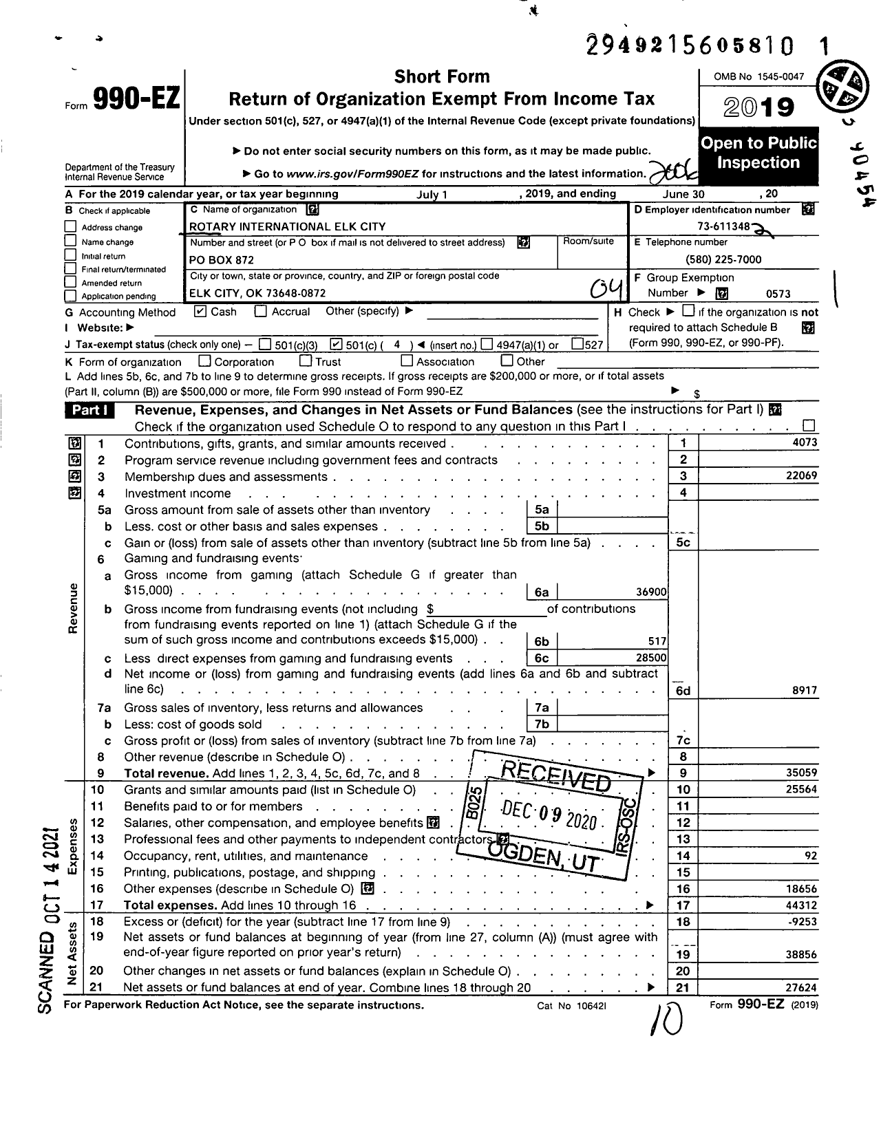 Image of first page of 2019 Form 990EO for Rotary International - Elk City Rotary Club