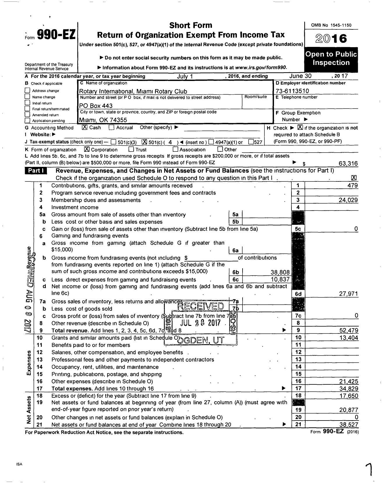 Image of first page of 2016 Form 990EO for Rotary International - Miami Rotary Club