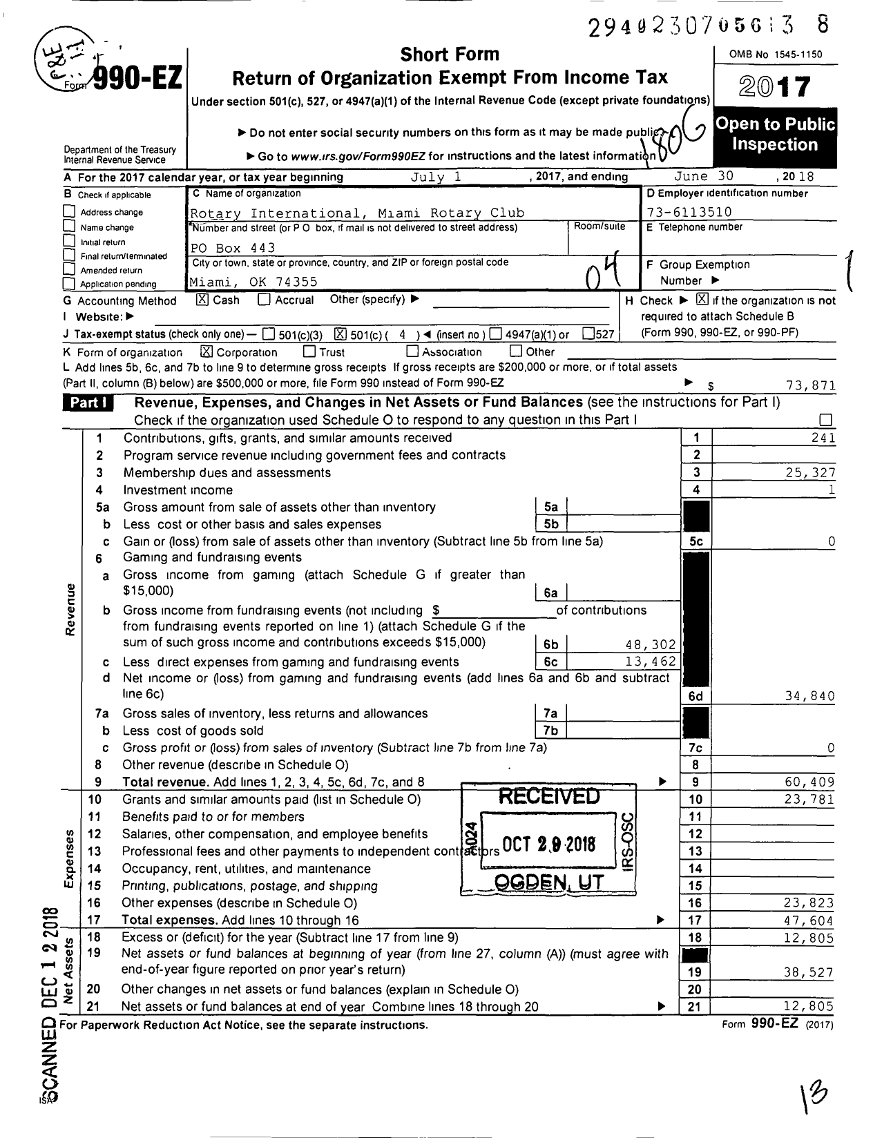 Image of first page of 2017 Form 990EO for Rotary International - Miami Rotary Club