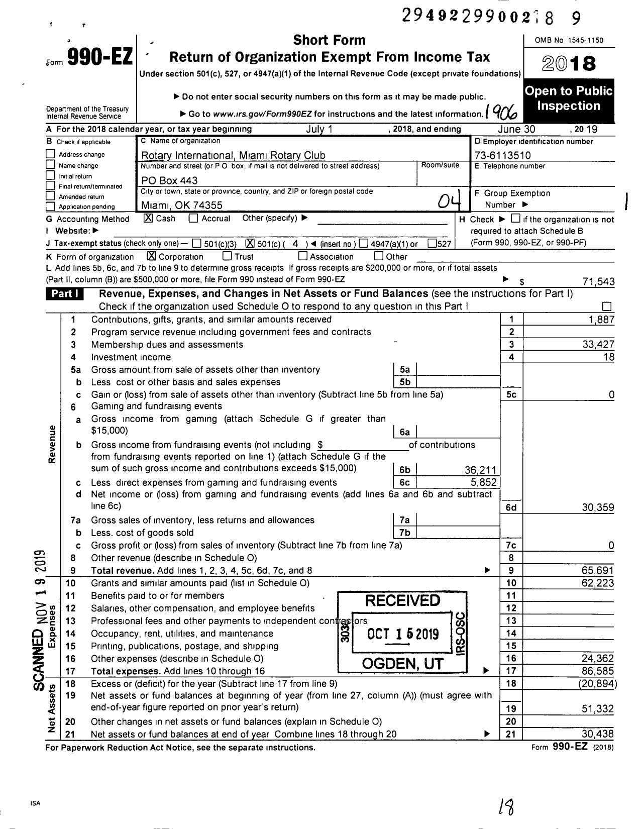 Image of first page of 2018 Form 990EO for Rotary International - Miami Rotary Club