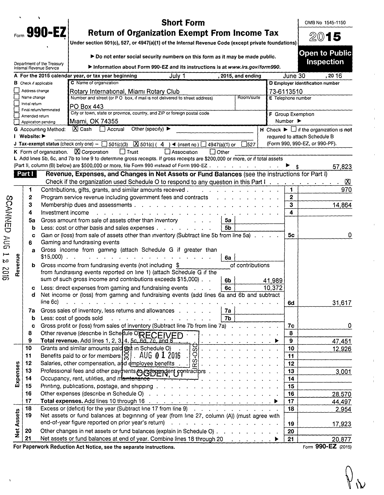 Image of first page of 2015 Form 990EO for Rotary International - Miami Rotary Club