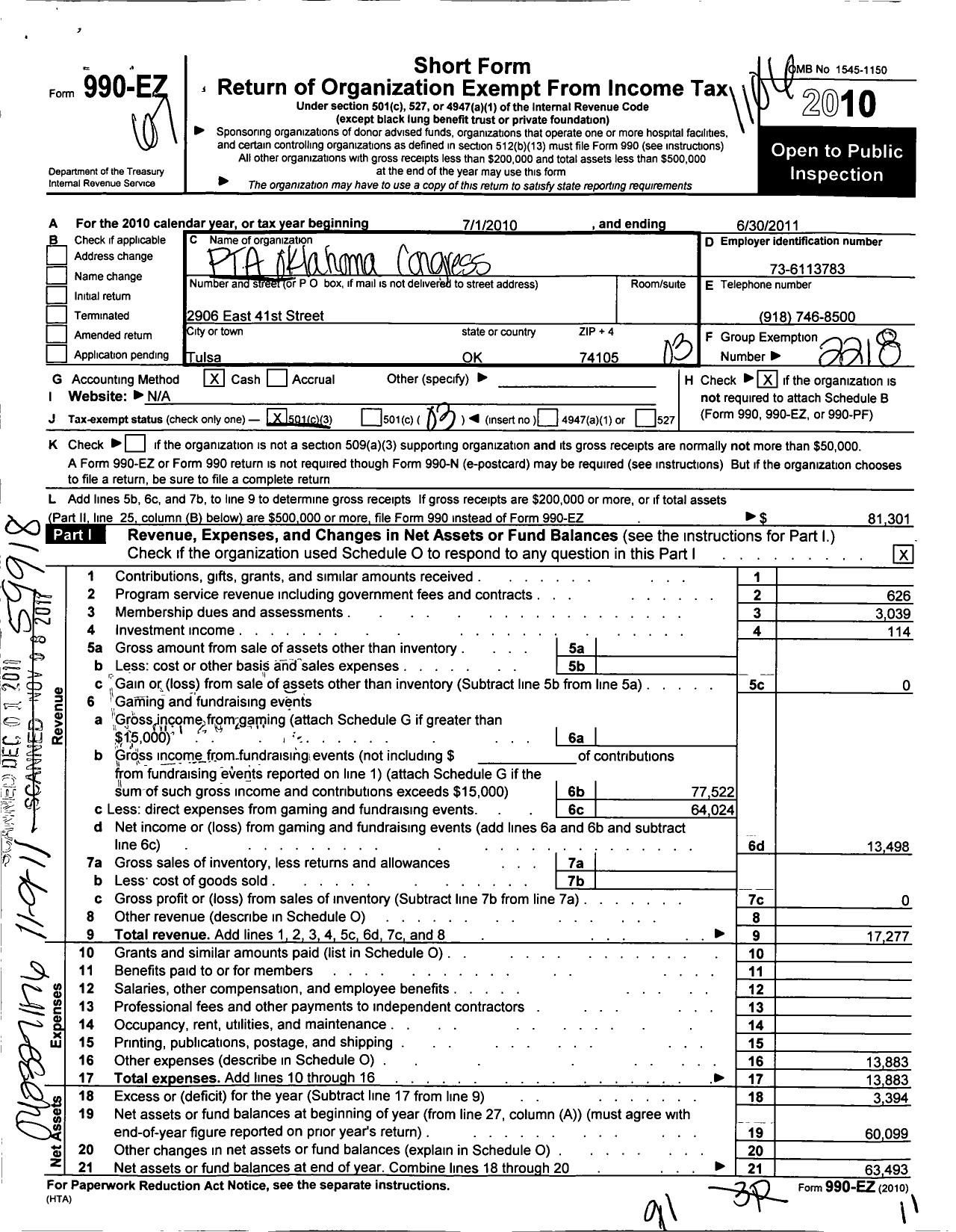 Image of first page of 2010 Form 990EZ for PTA Oklahoma Congress / Thomas Edison Junior Senior High