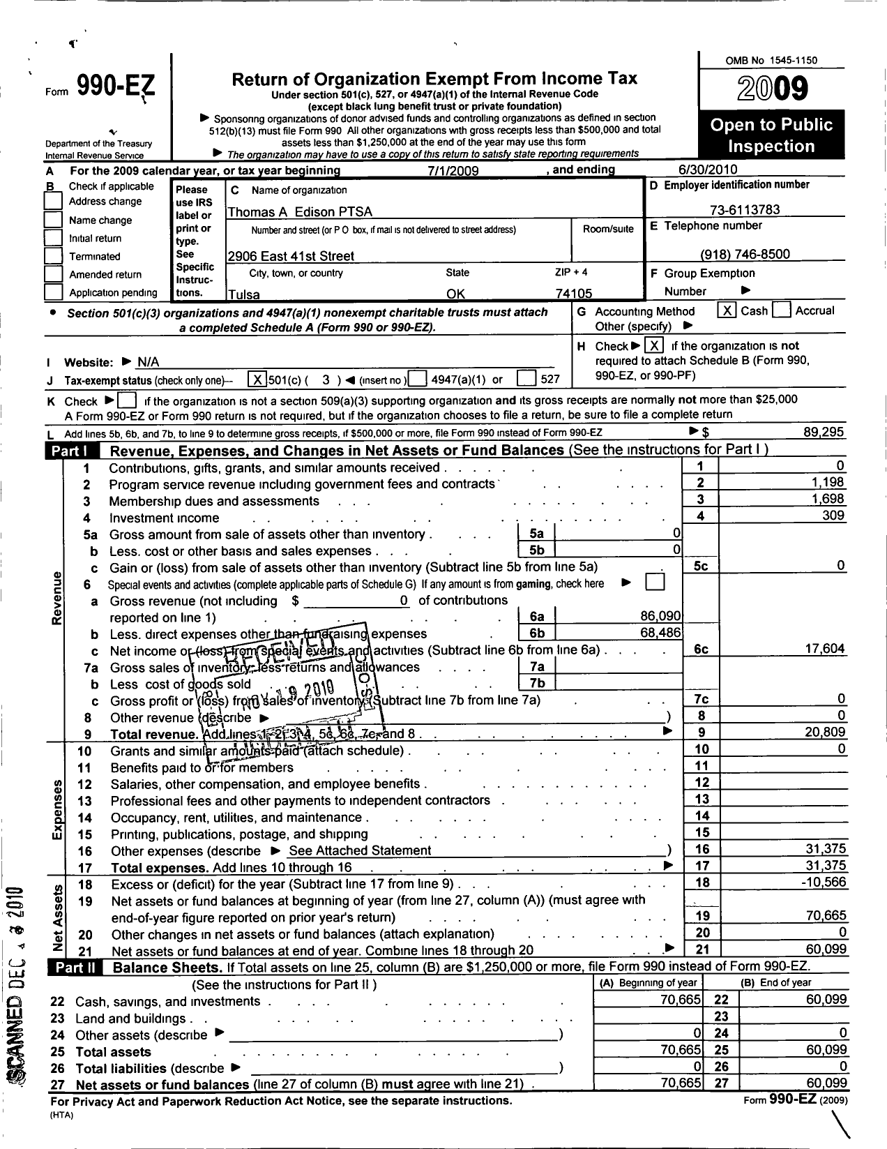 Image of first page of 2009 Form 990EZ for PTA Oklahoma Congress / Thomas Edison Junior Senior High