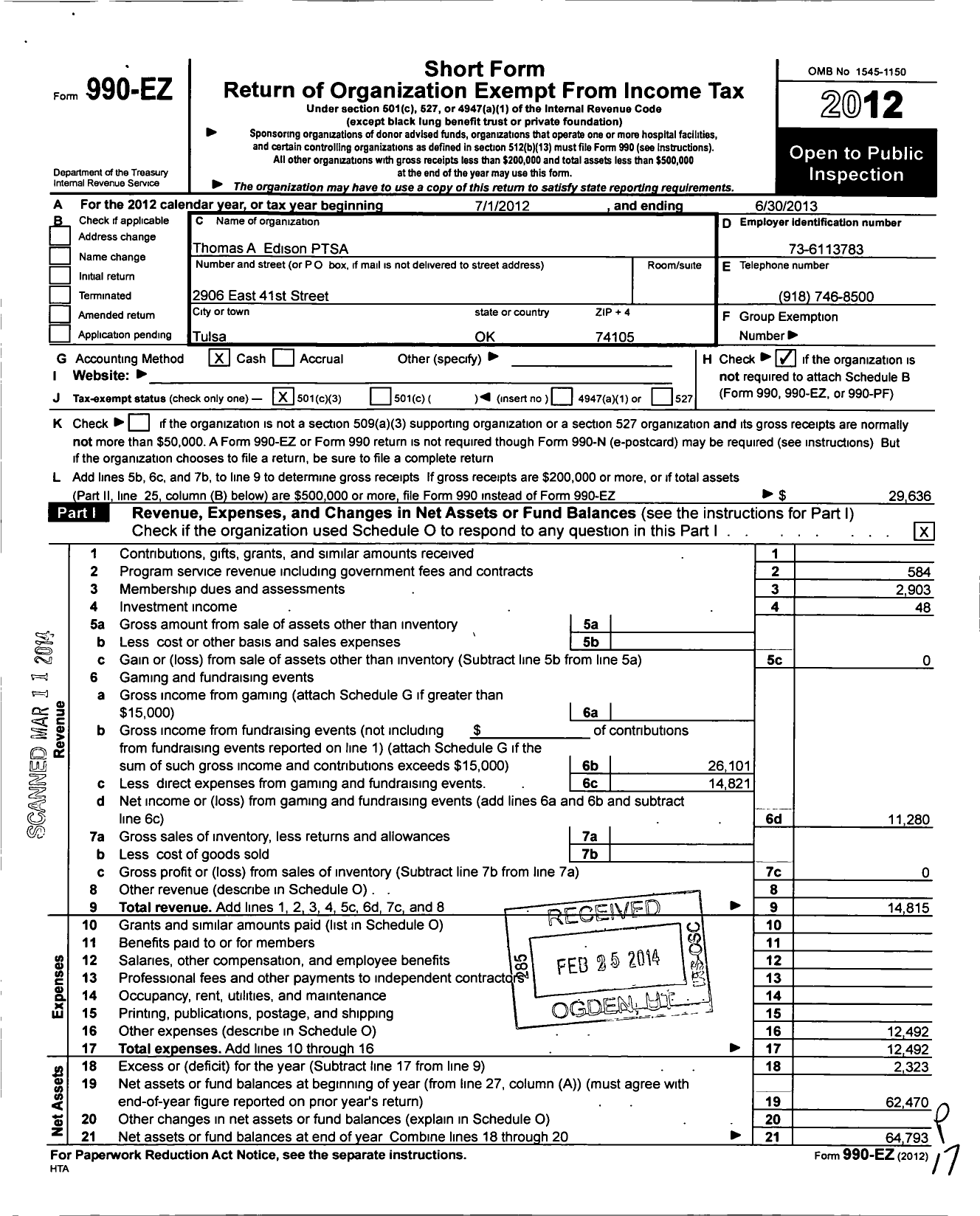 Image of first page of 2012 Form 990EZ for PTA Oklahoma Congress / Thomas Edison Junior Senior High