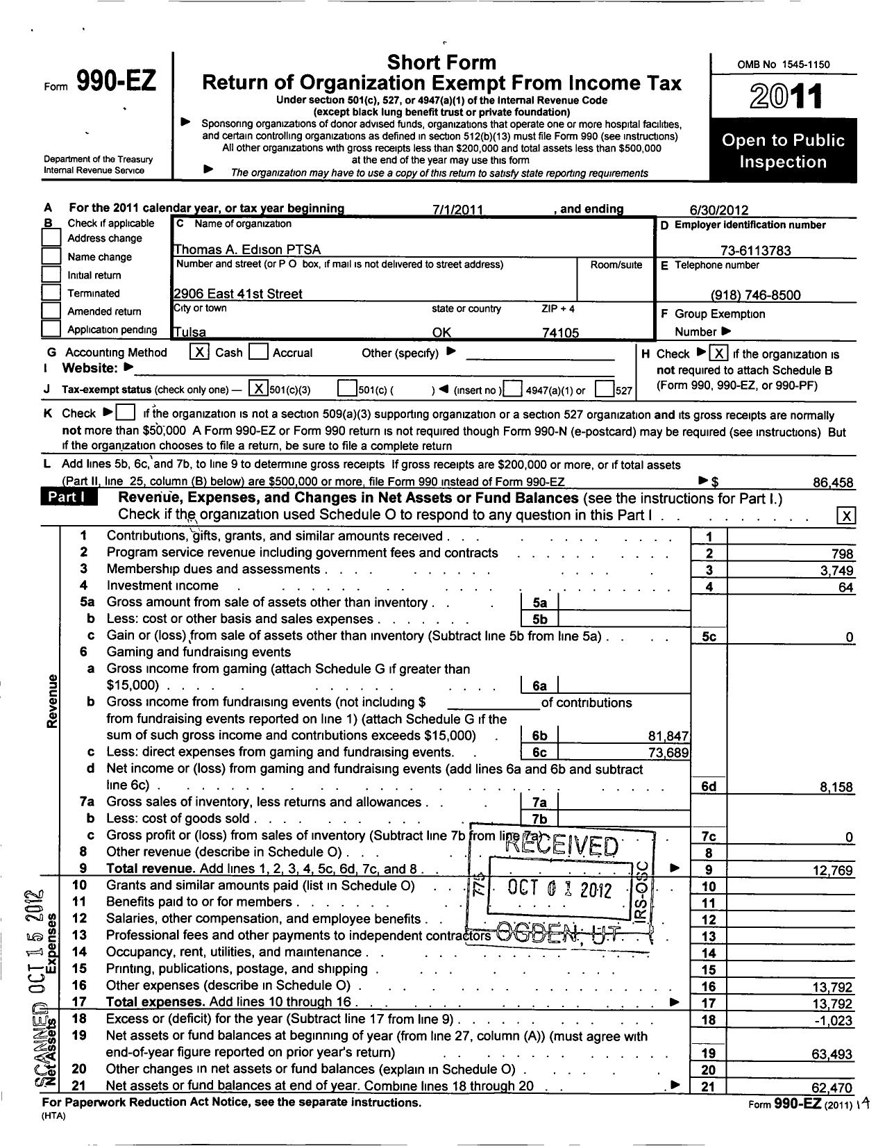 Image of first page of 2011 Form 990EZ for PTA Oklahoma Congress / Thomas Edison Junior Senior High