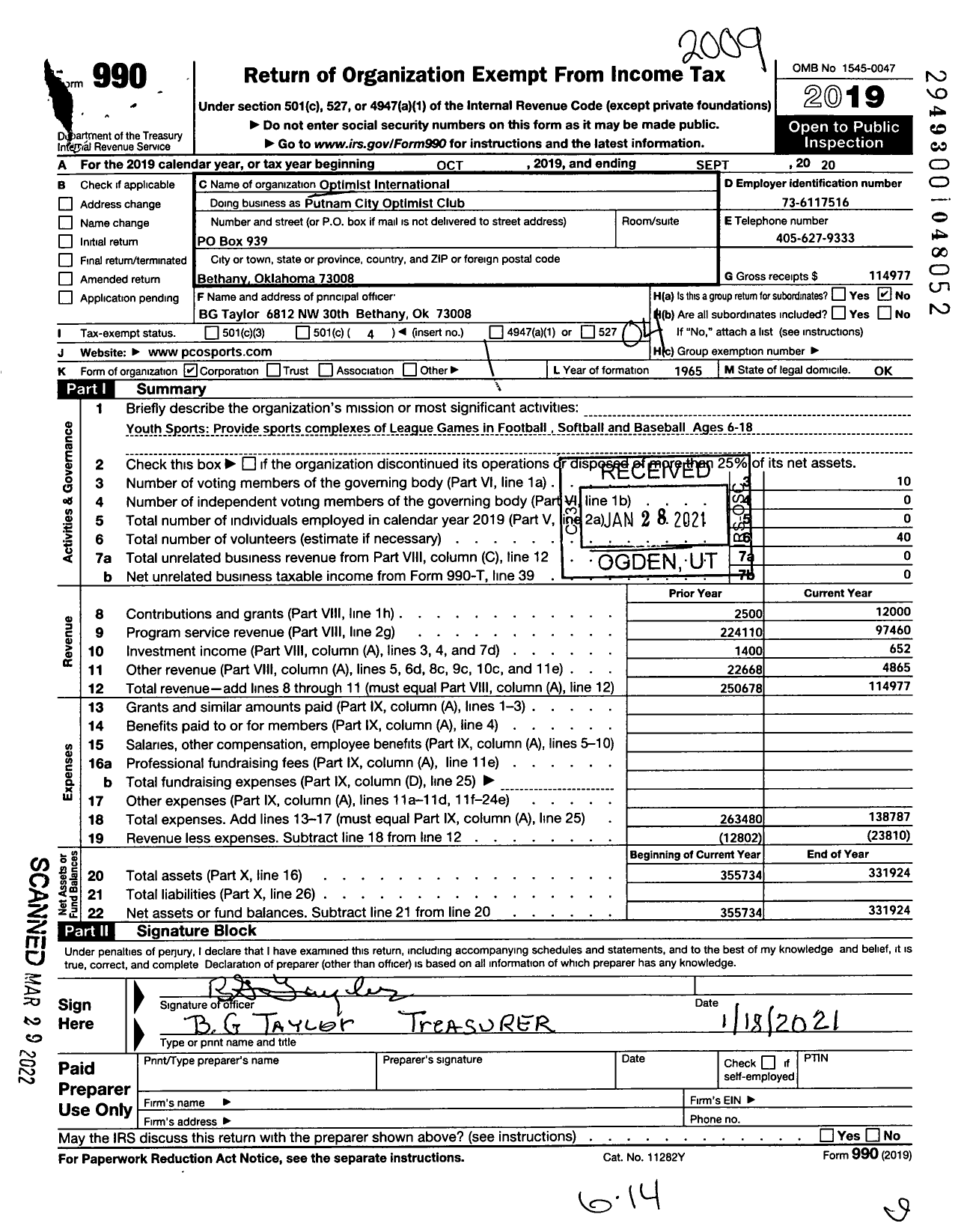 Image of first page of 2019 Form 990O for Optimist International - Putnam City Optimist Club