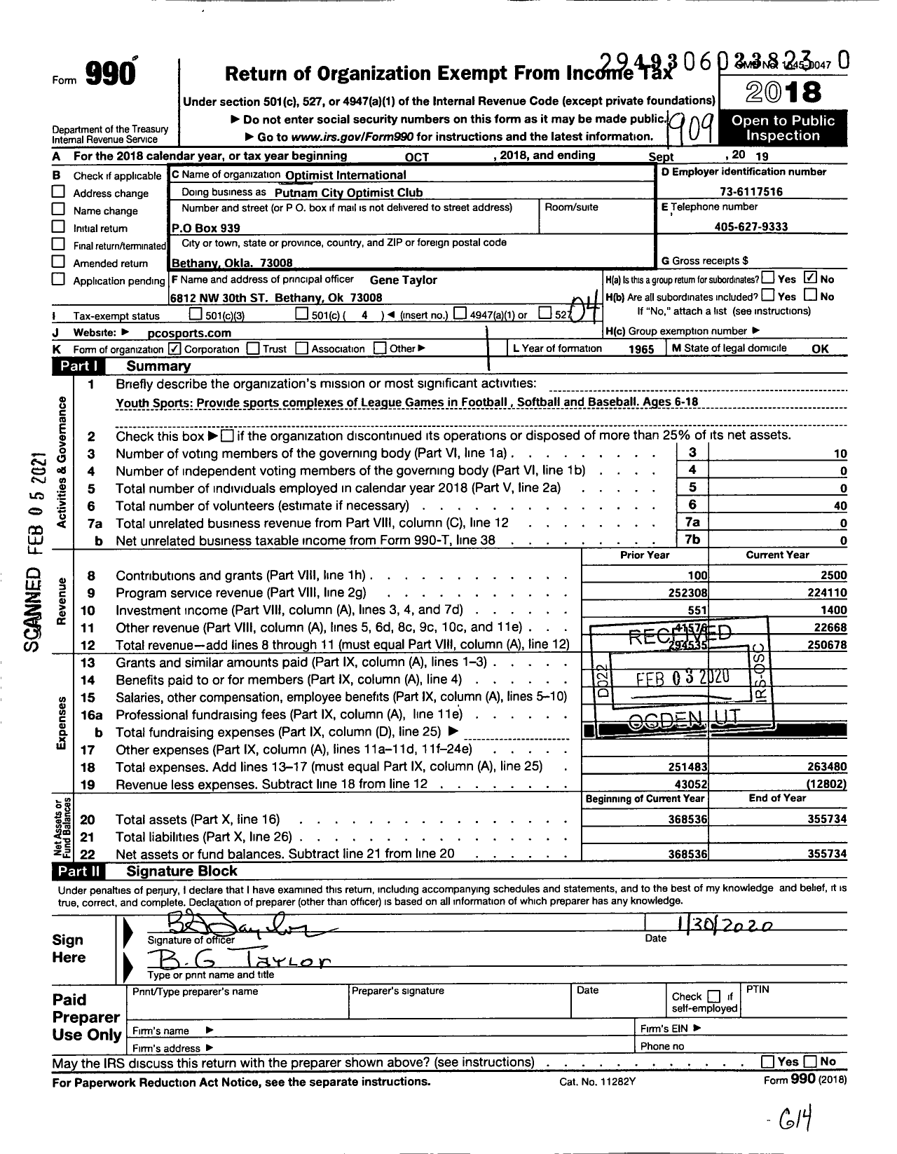 Image of first page of 2018 Form 990O for Optimist International - Putnam City Optimist Club