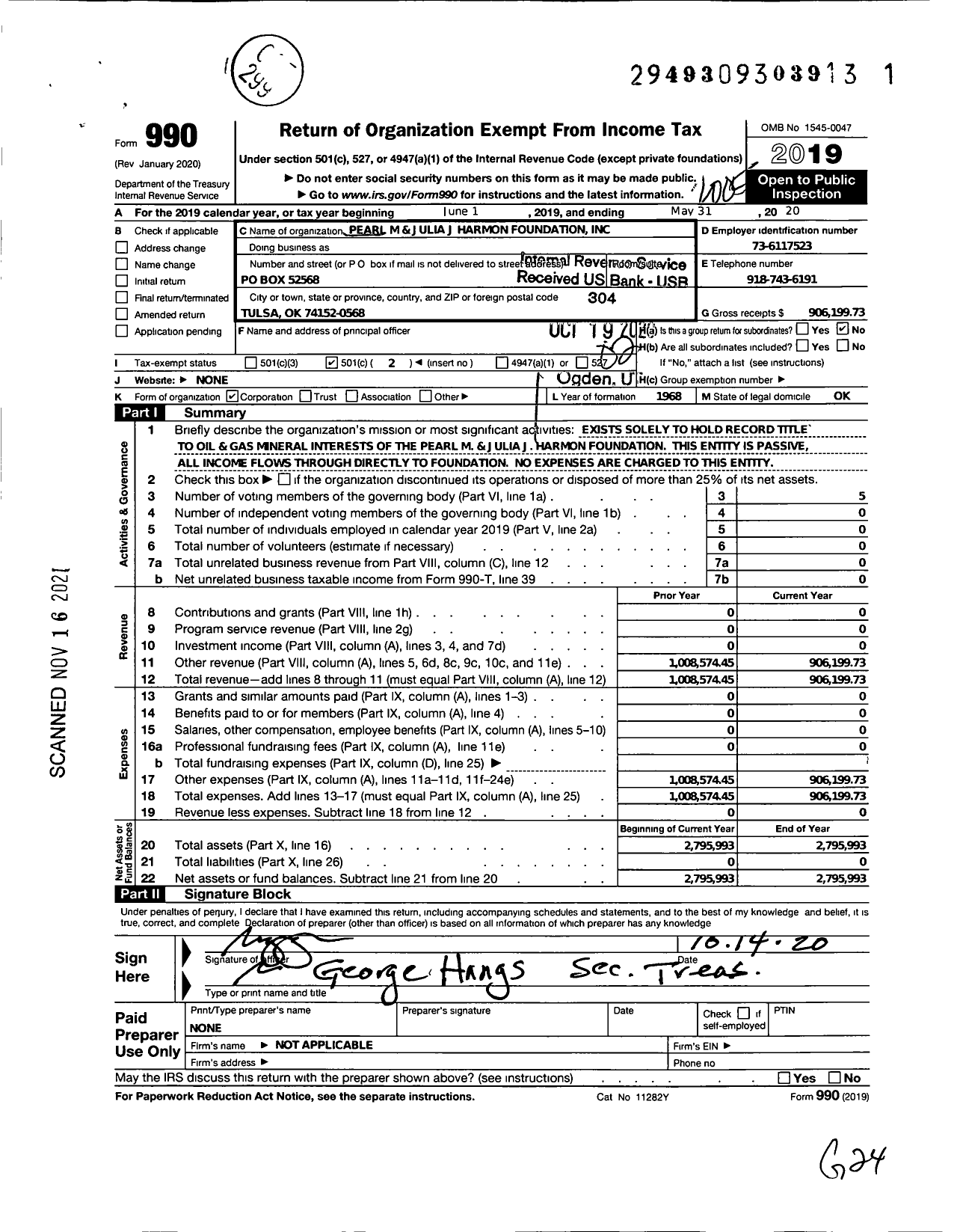 Image of first page of 2019 Form 990O for Pearl M and Julia J Harmon Foundation